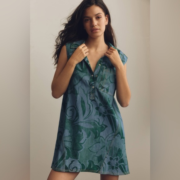 Pilcro Dresses & Skirts - Pilcro Blue Denim Tunic with Green Floral Print